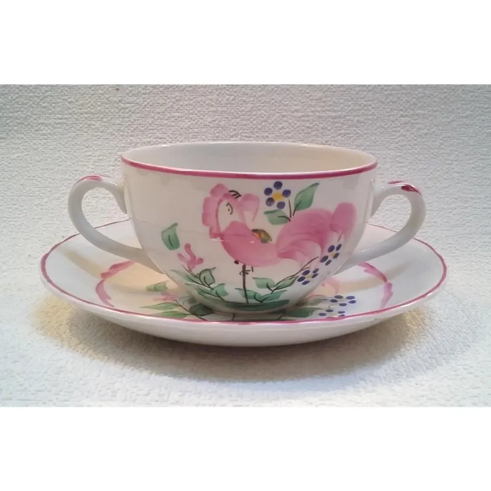 English Chanticleer Cup Saucer  Double Handle Tea Soup Cup Pink Rooster England
